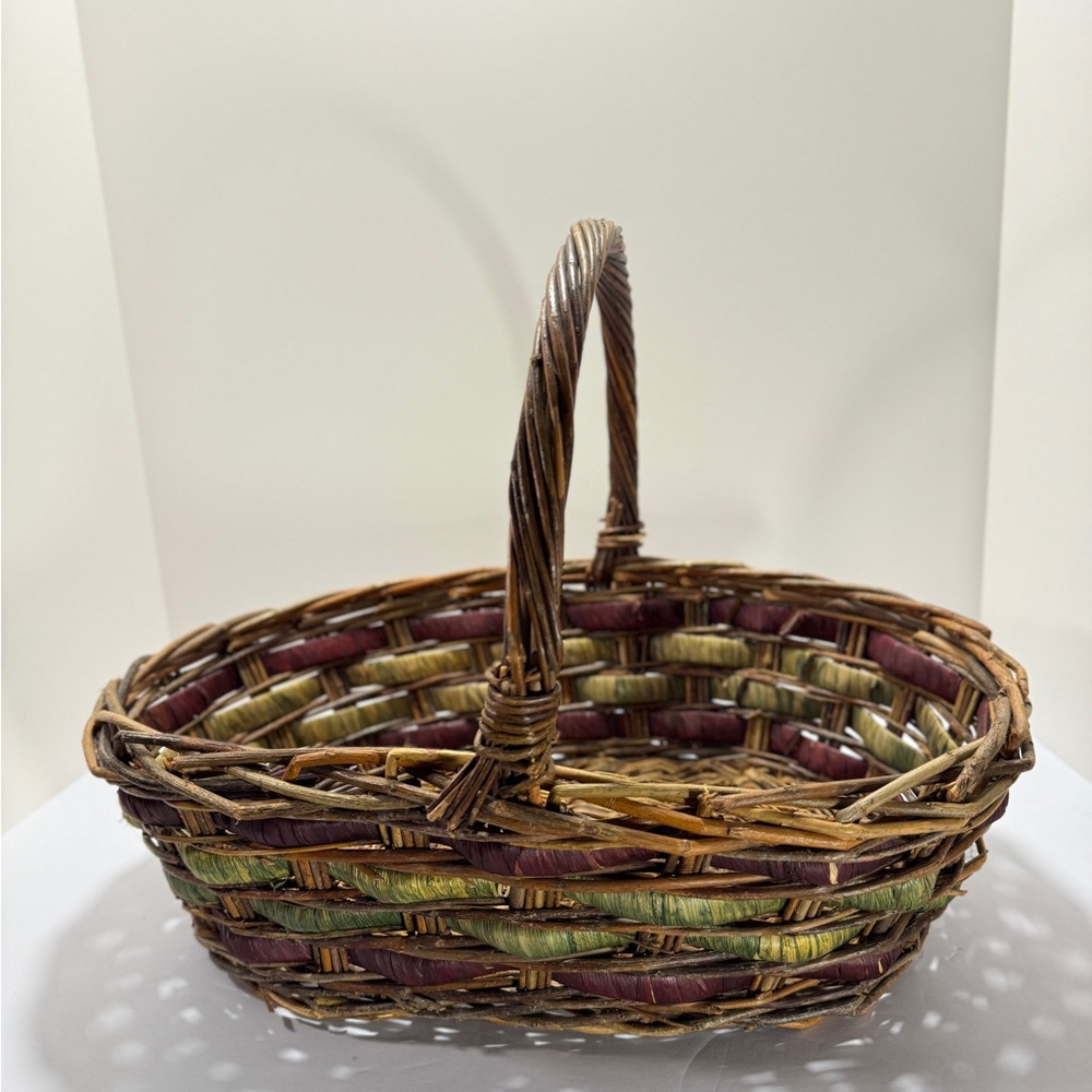 Woven Basket with Handle - Brown, Green, and Purple